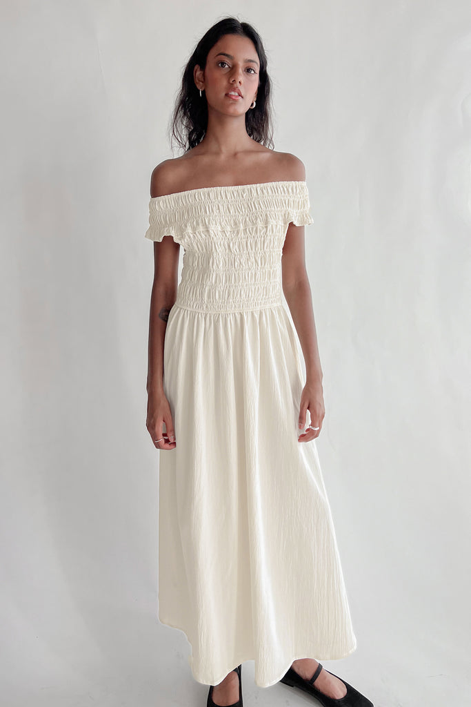 smock off the shoulder dress Wholesale 7610 - Women's Ankle Length Smock Waist Off-Shoulder Dress for  your store