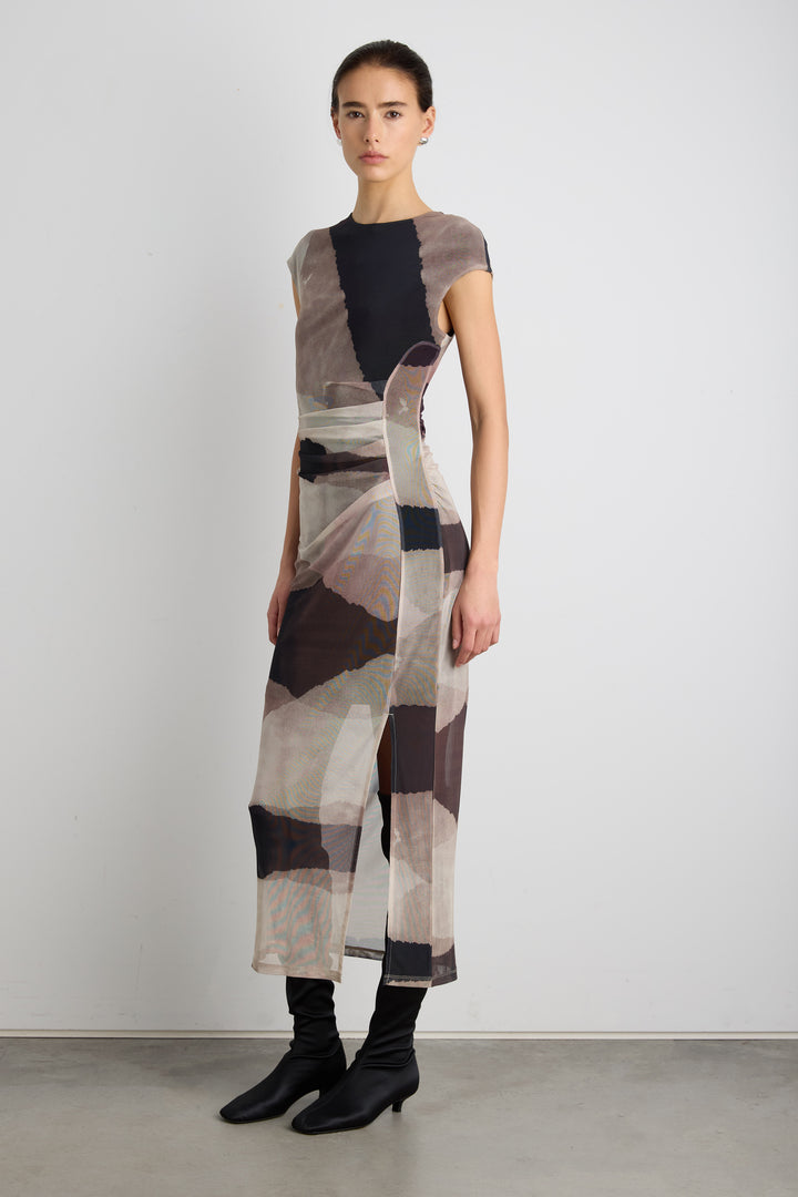SLEEVELESS MESH MAXI DRESS in Beige Print — alternate angle