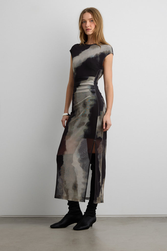 Sleeveless Patterened Mesh Maxi Dress