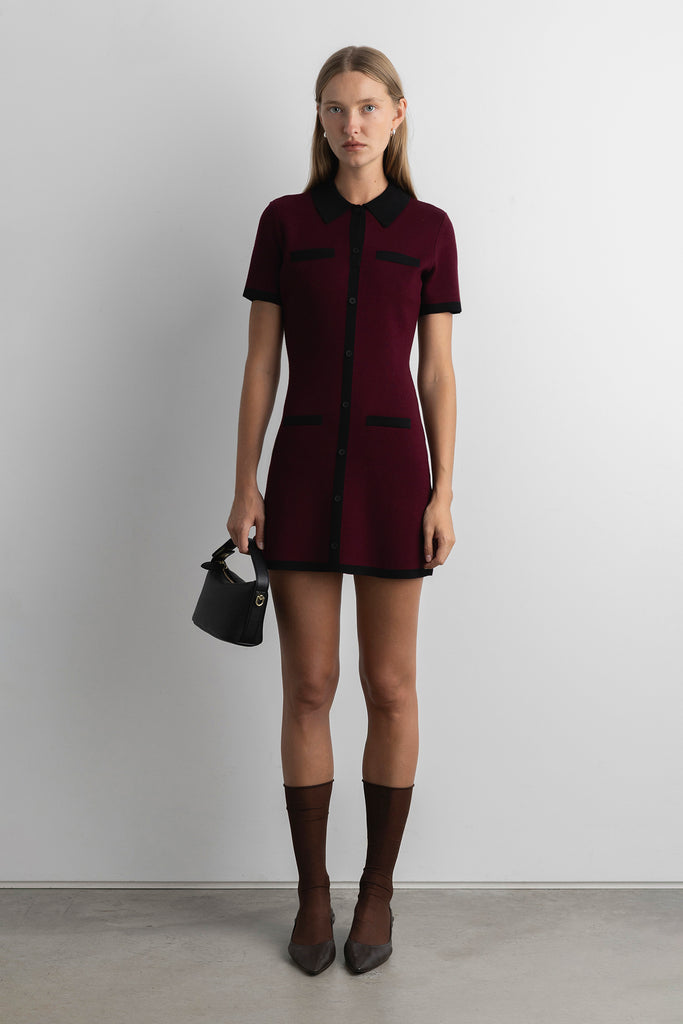 COLLARED CONTRAST TRIM KNIT MINI DRESS COLLARED CONTRAST TRIM KNIT MINI DRESS