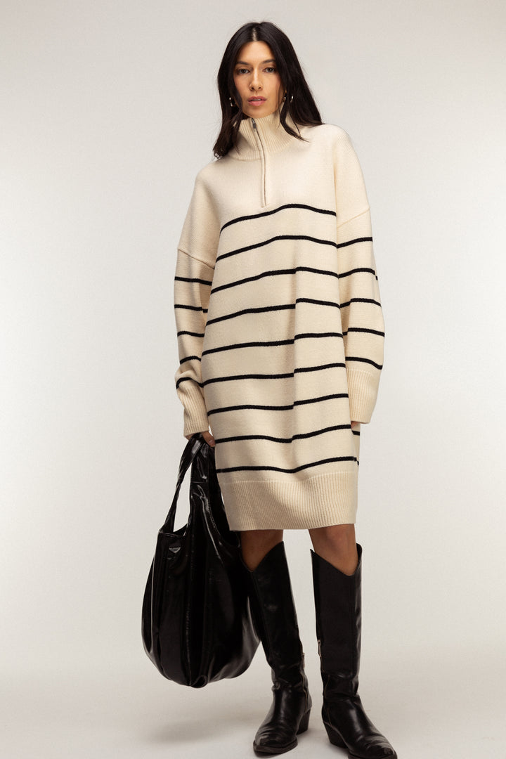 STRIPED HALF-ZIP KNIT DRESS