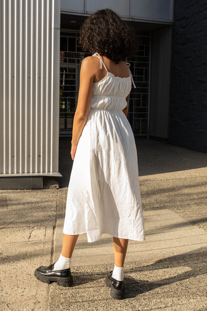 women's loft shell ruched strappy midi dress Ruched Midi Dress