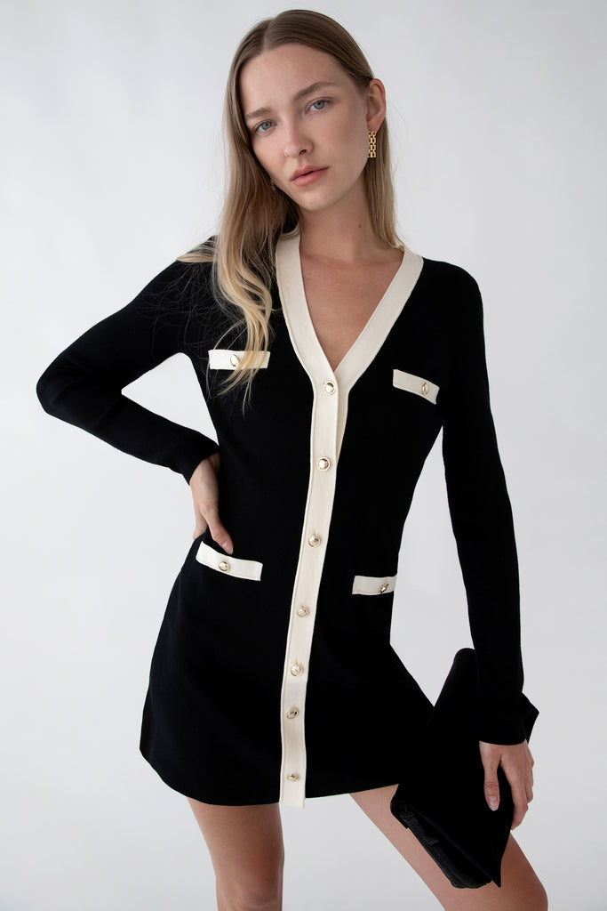 Contrast Trim Button Front Knit Mini Dress