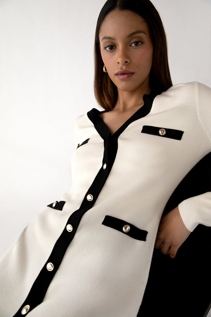 black and white button dress Black Work Dress With White Piping main image 1
