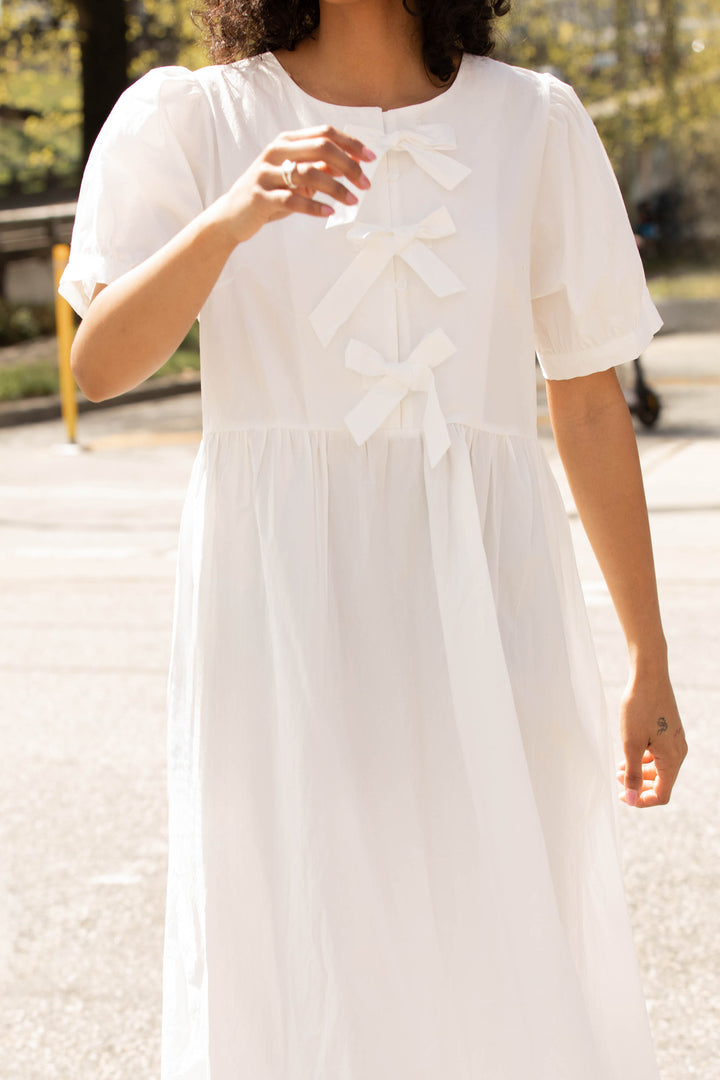 PUFF SLEEVE MIDI DRESS WITH BOWS in White — alternate angle