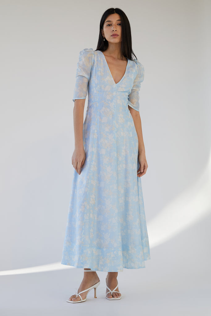 V-NECK PUFF SLEEVE FLORAL MAXI DRESS V-NECK PUFF SLEEVE FLORAL MAXI DRESS