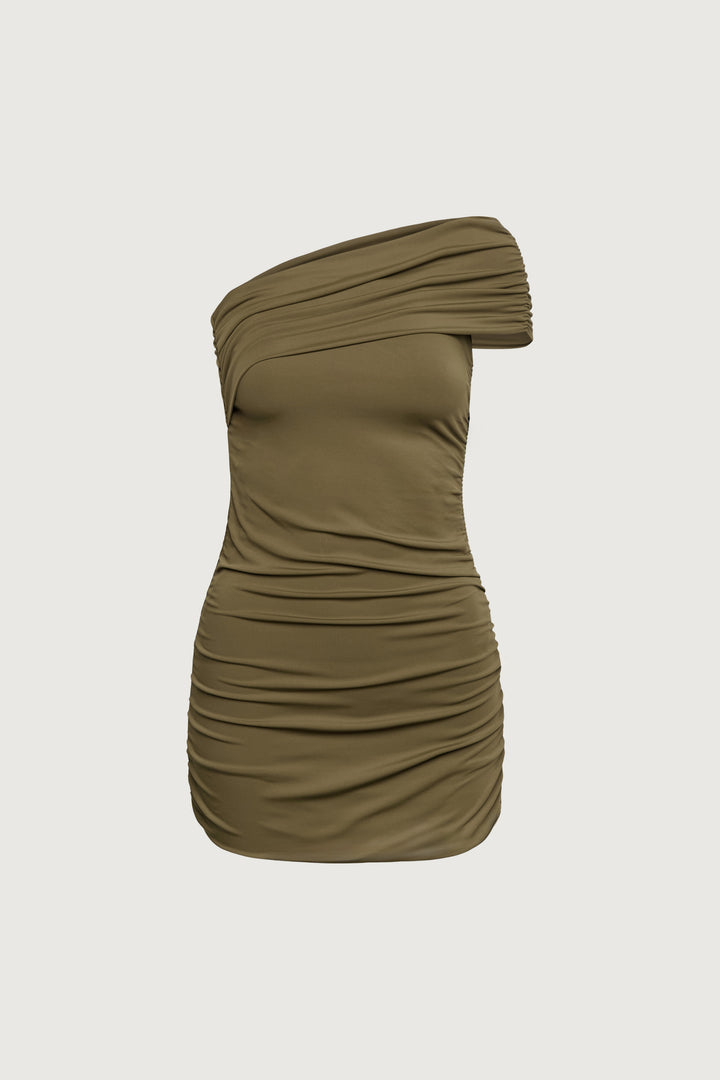 OFF THE SHOULDER RUCHED MINI DRESS in Dark Olive — alternate angle