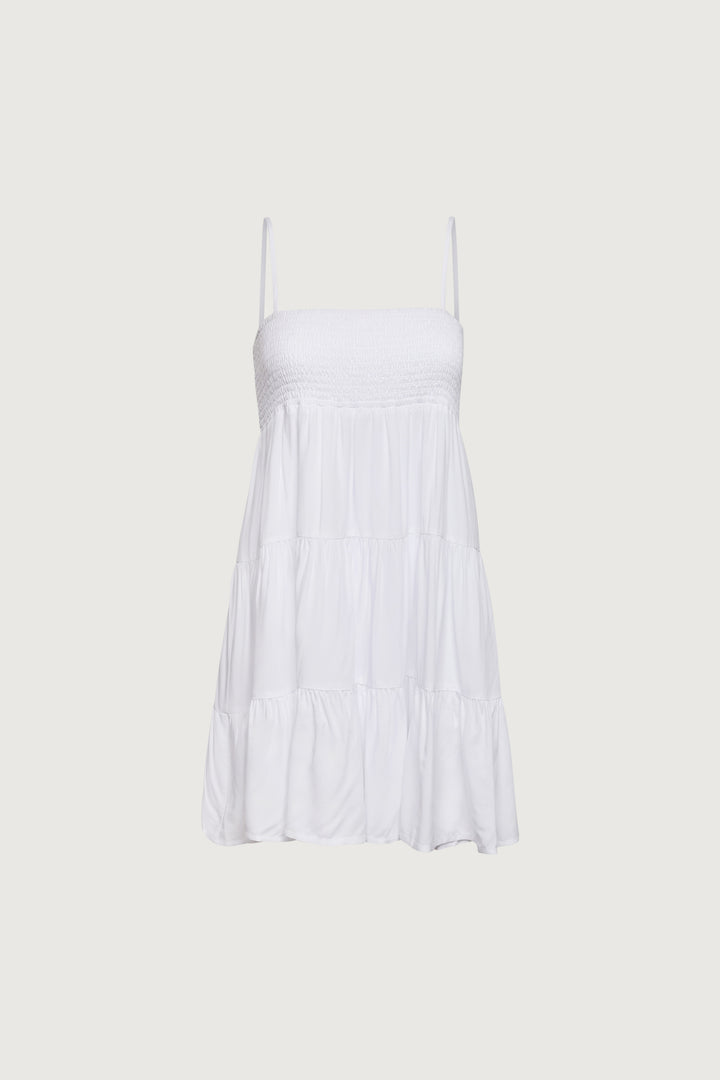 SMOCKED TIERED MINI DRESS in White — alternate angle