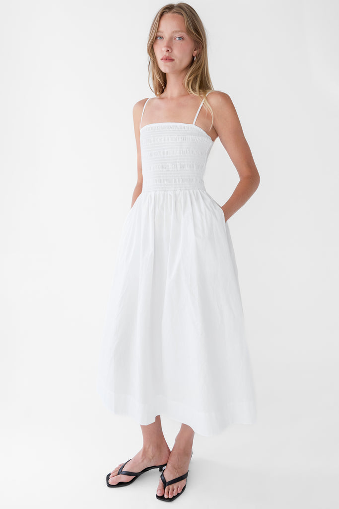 Smocked Poplin Midi Dress | Oak + Fort White / Large