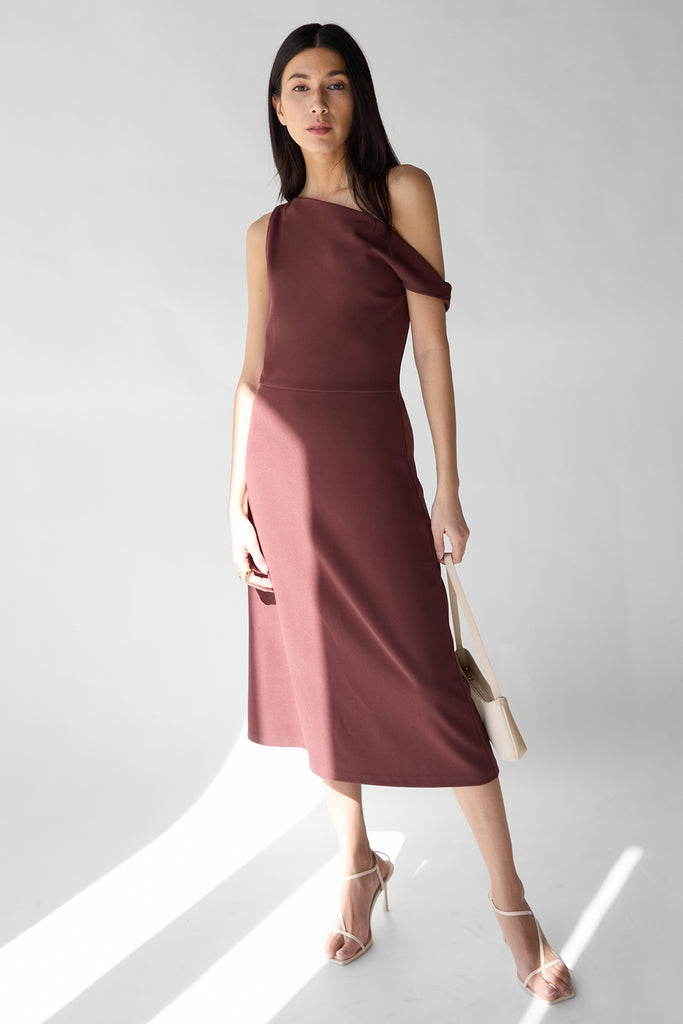 Asymmetrical One Shoulder Knit Dress | OAK + FORT Brown Stone / Extra Small Asymmetrical One Shoulder Knit Dress | OAK + FORT Brown Stone / Extra Small