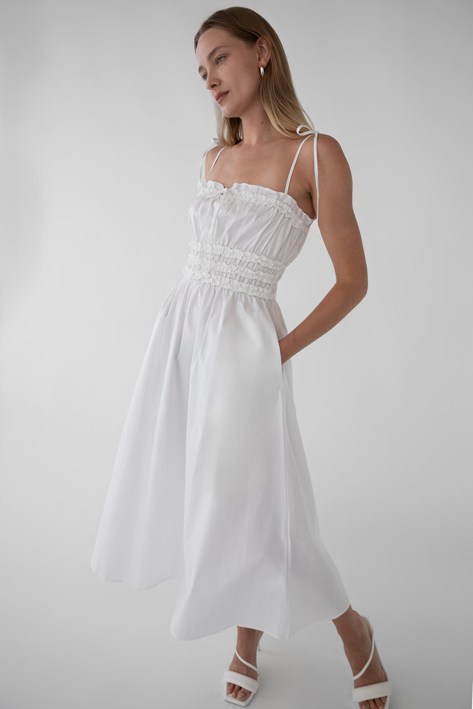 Shirred Bodice Midi Dress | Oak + Fort White / Large Shirred Bodice Midi Dress | Oak + Fort White / Large