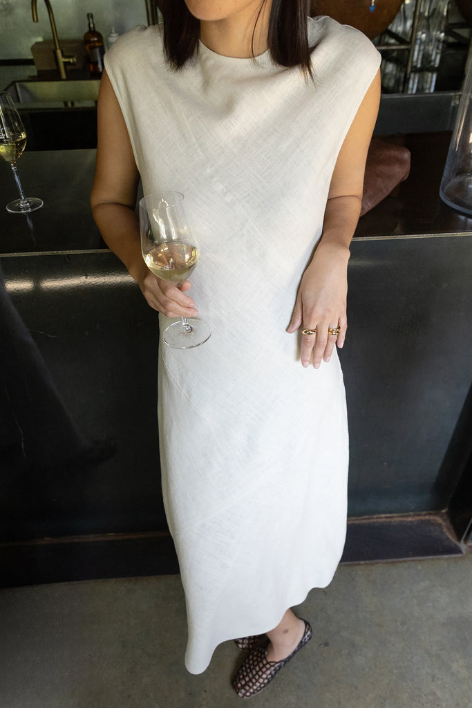 Linen Blend Sleeveless Bias Cut Midi Dress Linen Blend Sleeveless Bias Cut Midi Dress