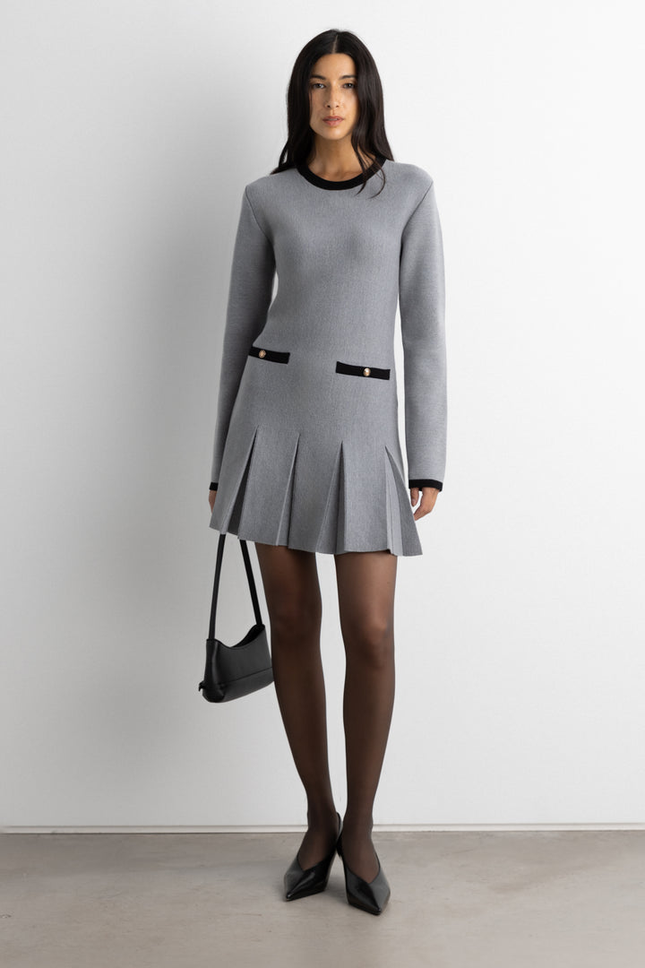 CONTRAST TRIM PLEATED MINI DRESS in Black Cream — alternate angle