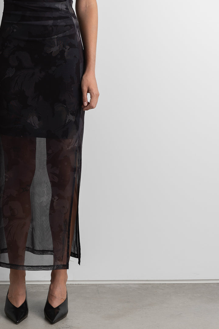 PRINTED OFF SHOULDER MIDI DRESS in Black Floral — alternate angle