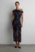 Printed off shoulder midi dress in black smoke print — main image