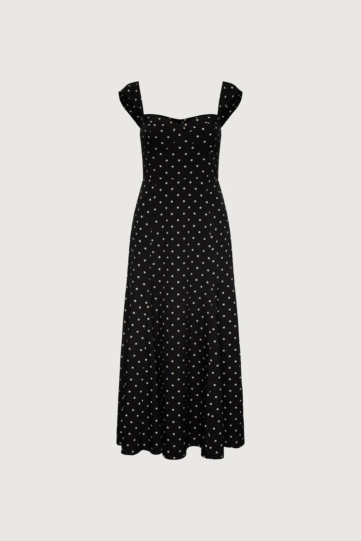 SWEETHEART NECKLINE CORSET MIDI DRESS in BLACK POLKA DOT — alternate angle