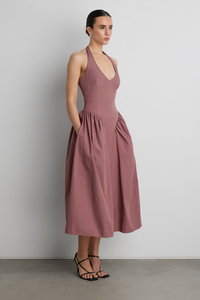 Cotton Poplin Halter Midi Dress | OAK + FORT Rose Taupe / Large Cotton Poplin Halter Midi Dress | OAK + FORT Rose Taupe / Large