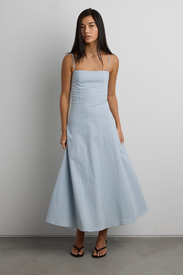 LINEN BLEND MIDI DRESS in CELESTIAL BLUE — alternate angle