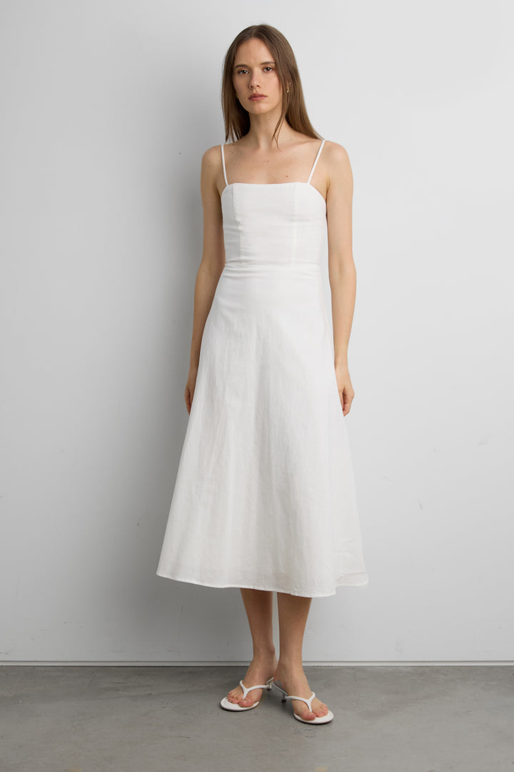 LINEN BLEND MIDI DRESS in White — alternate angle