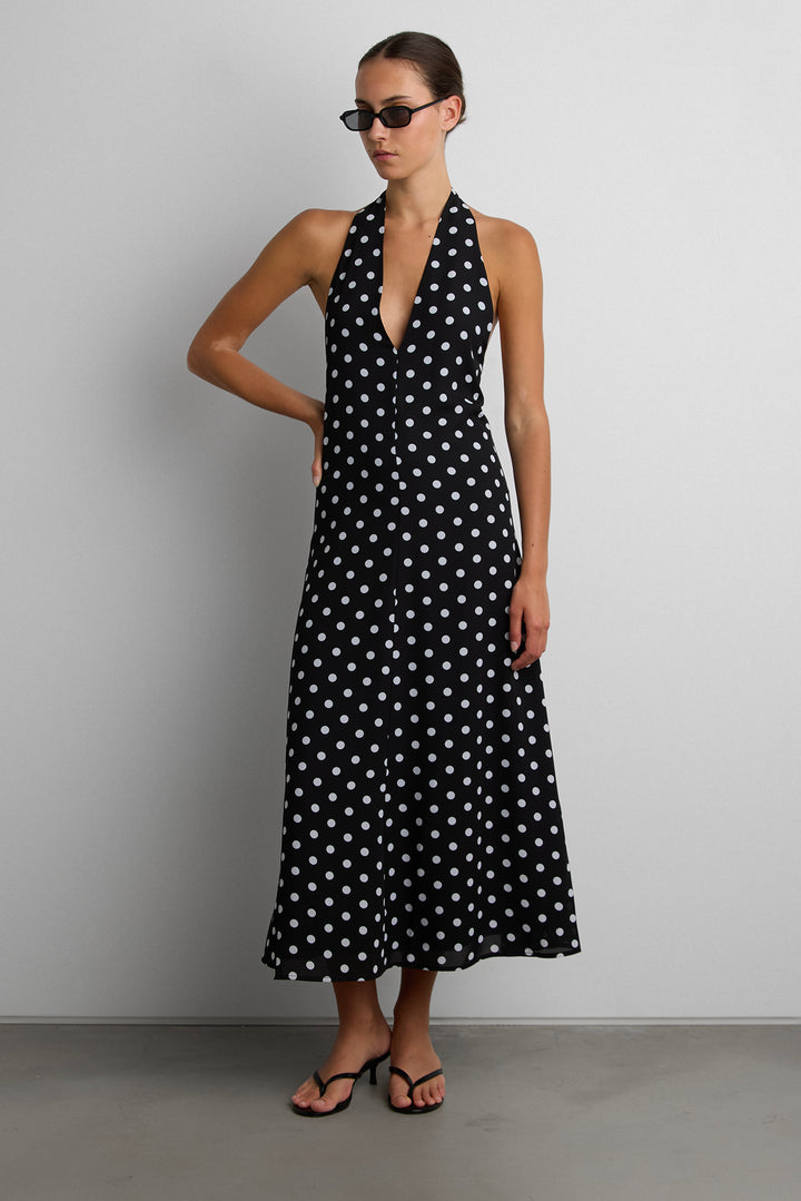 POLKA DOT V-NECK MAXI DRESS in Black White Polka Dot — alternate angle
