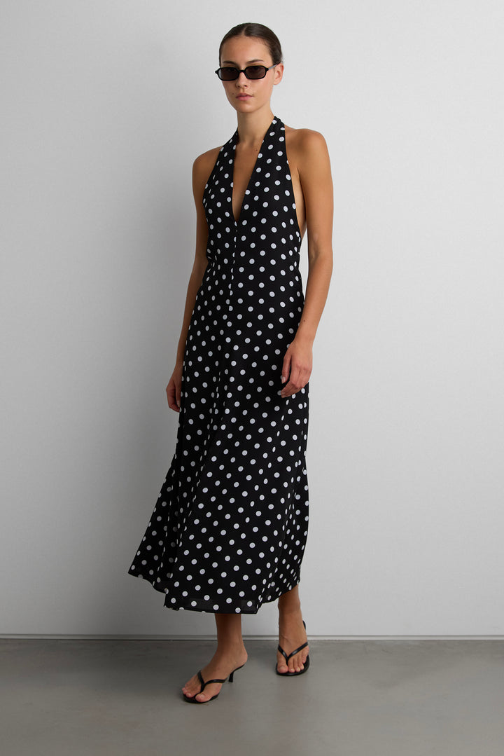 POLKA DOT V-NECK MAXI DRESS in Black White Polka Dot — alternate angle