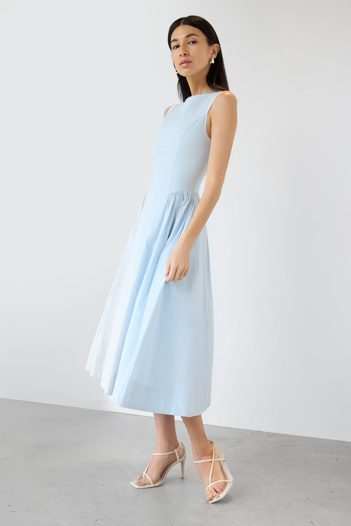 COTTON POPLIN HIGH NECK MIDI DRESS in Skyride — alternate angle
