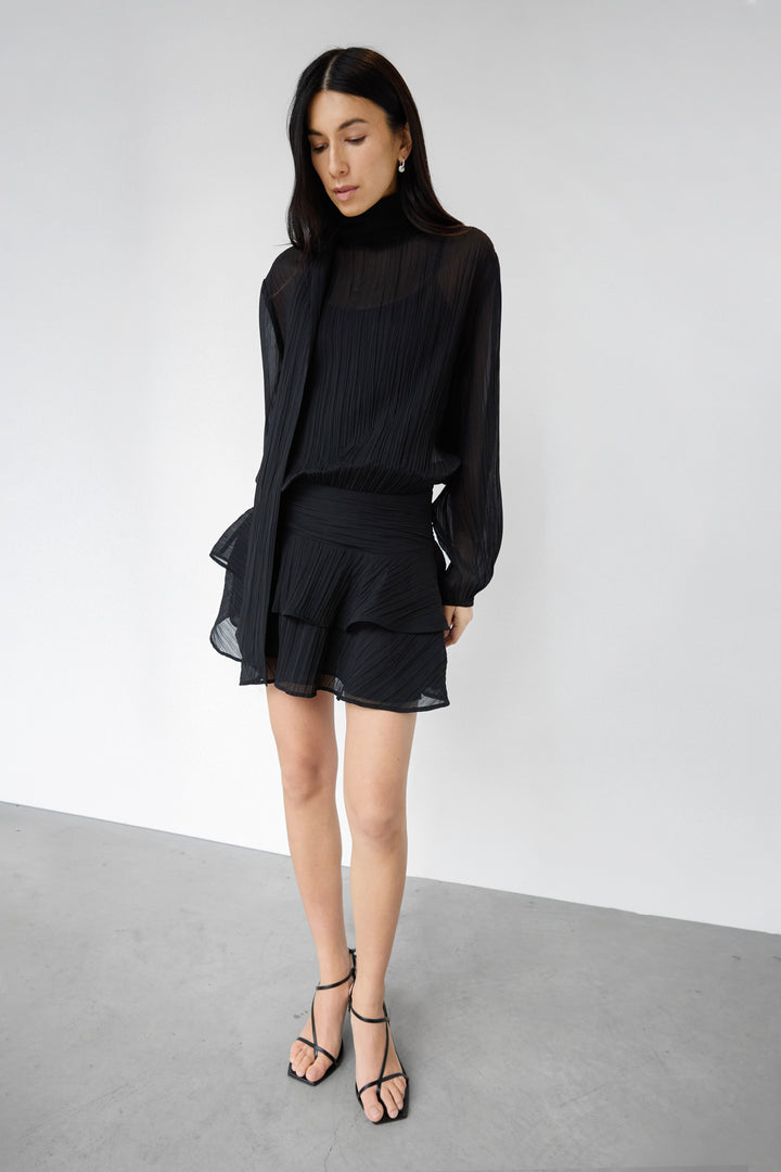 MOCKNECK LONG SLEEVE SHEER RUFFLED MINI DRESS