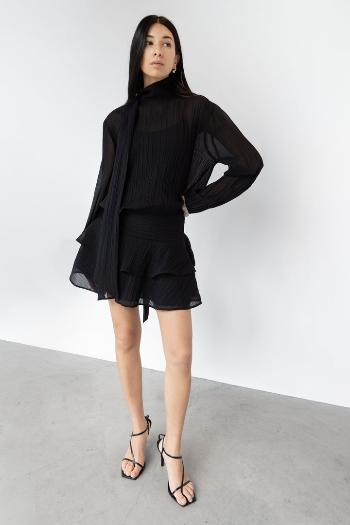 MOCKNECK LONG SLEEVE SHEER RUFFLED MINI DRESS in Black — alternate angle