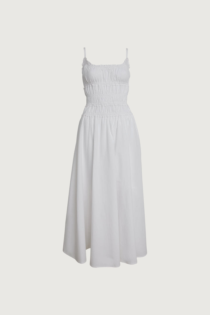 SHIRRED COTTON POPLIN MIDI DRESS in White — alternate angle