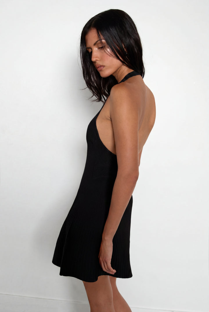 KNIT HALTER NECK MINI DRESS in Black — alternate angle
