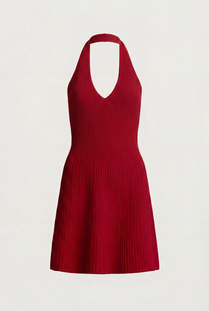 KNIT HALTER NECK MINI DRESS in Red — alternate angle