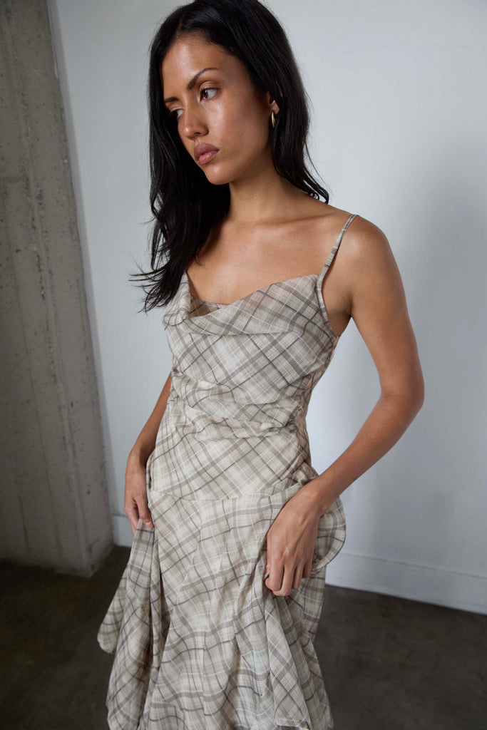 beige checkered dress Little Miss Plaid Raw Hem Mini Dress Beige Multi