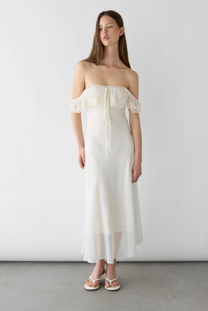 RUFFLE MAXI DRESS WITH LACE TRIM DETAIL in Cream — alternate angle