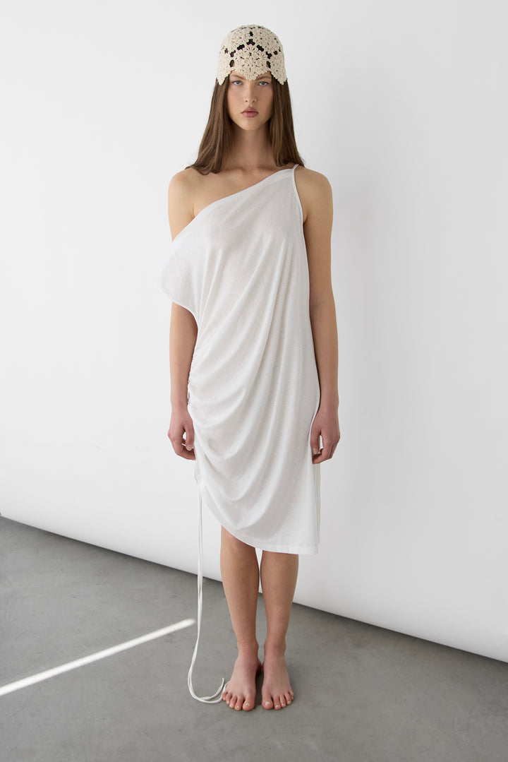 MIDI DRESS WITH ADJUSTABLE SIDE RUCHED DETAIL in Ivory — alternate angle