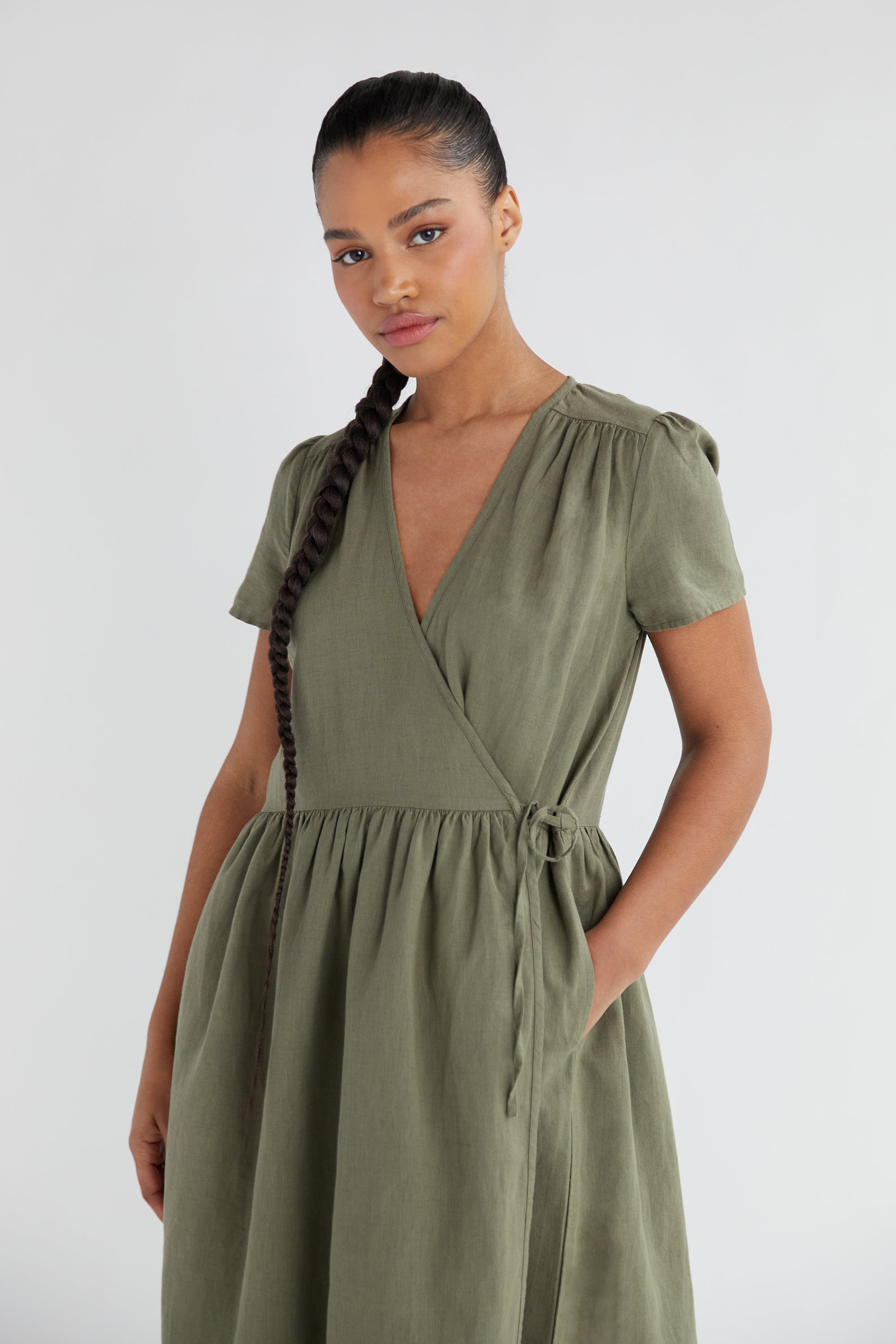 army green wrap dress Florence Waterfall Dress in Olive Green Satin