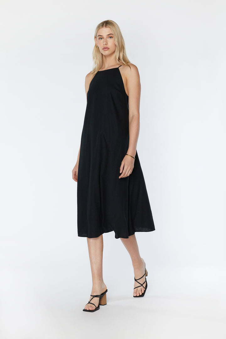 LINEN BLEND MIDI DRESS in Black — alternate angle