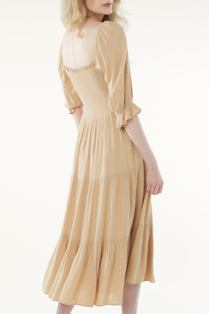 SMOCKED MIDI DRESS in Beige — alternate angle
