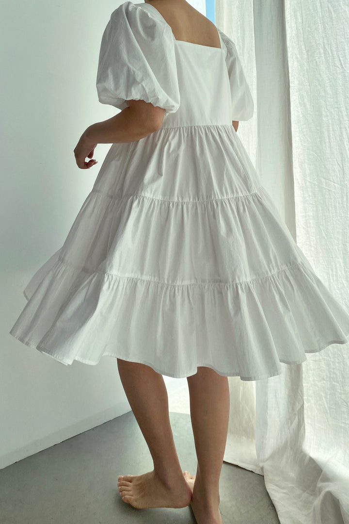 PUFF SLEEVE DRESS in White — alternate angle