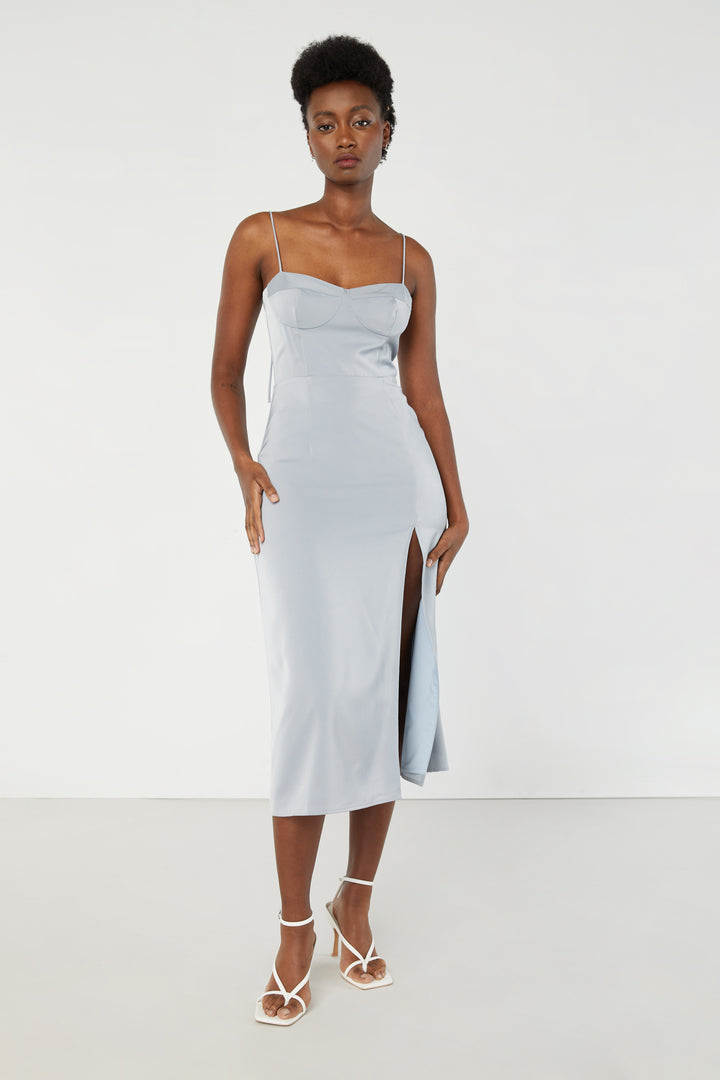 BUSTIER MIDI DRESS WITH SLIT in Misty Blue — alternate angle