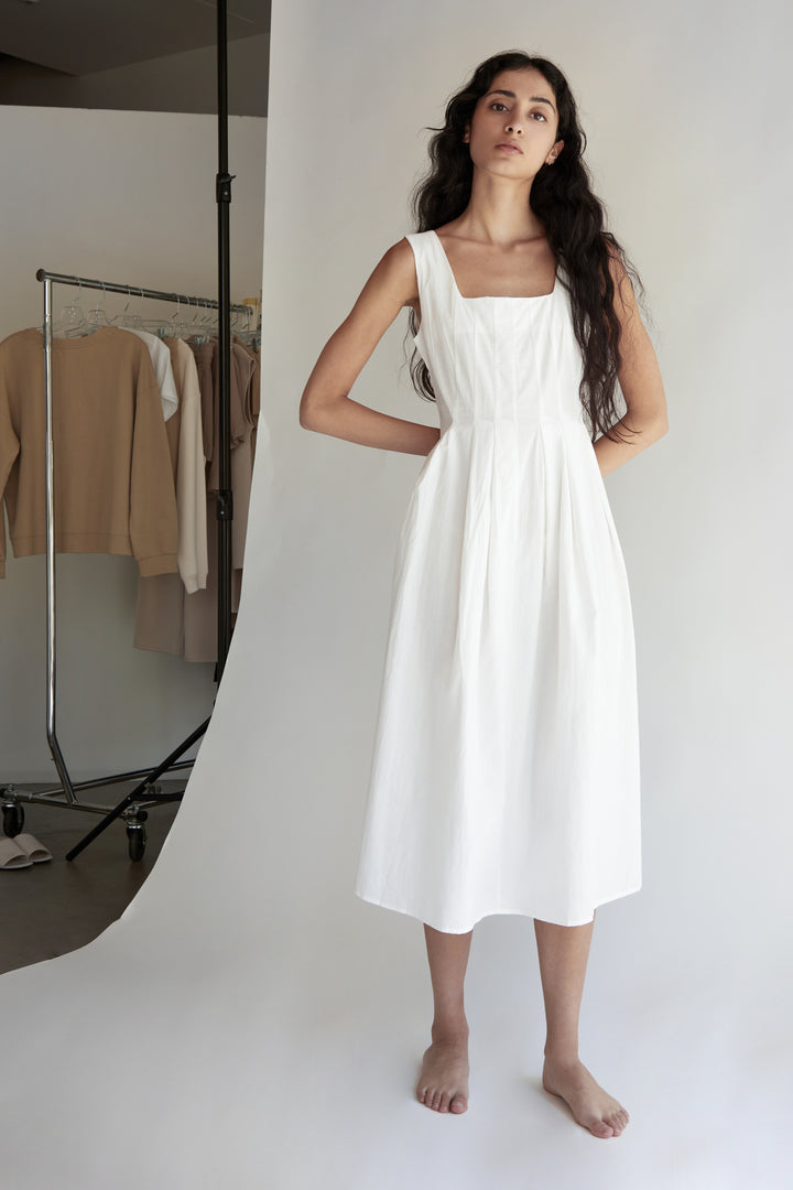 SQUARE NECK PLEATED DRESS in White — alternate angle