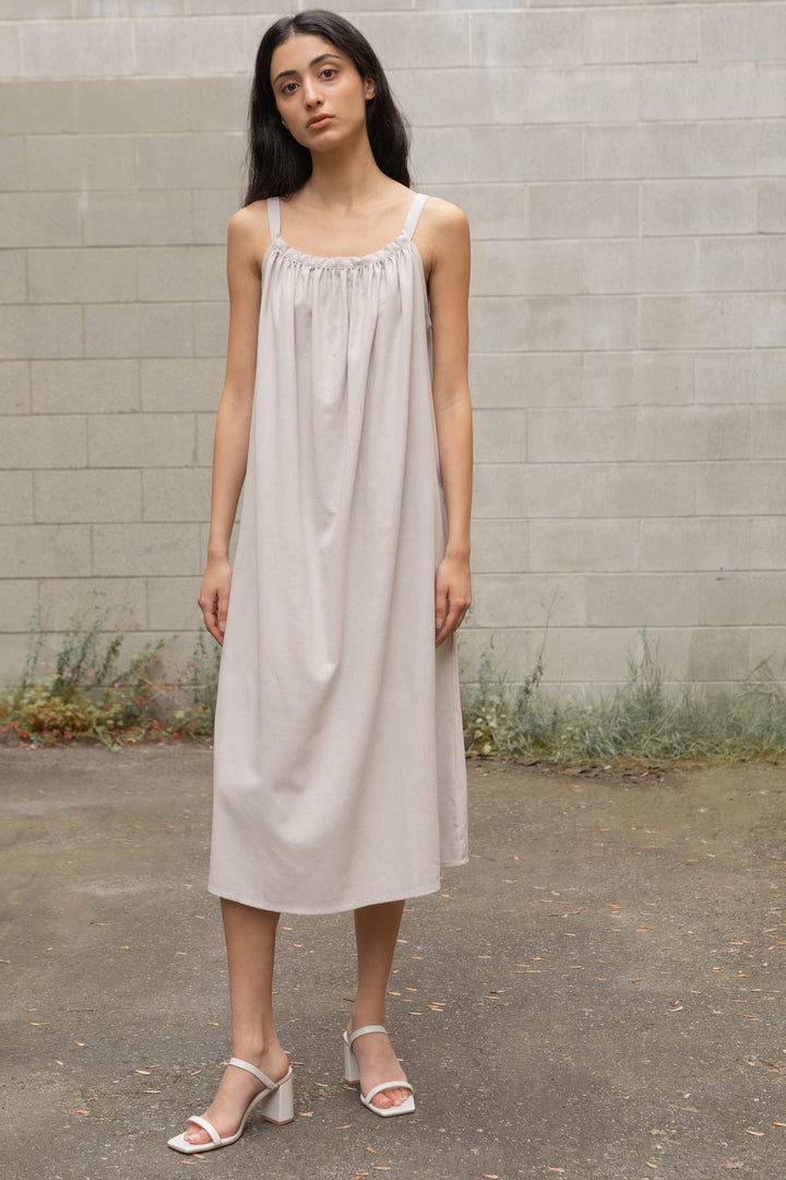 LINEN BLEND MIDI DRESS in Taupe — alternate angle