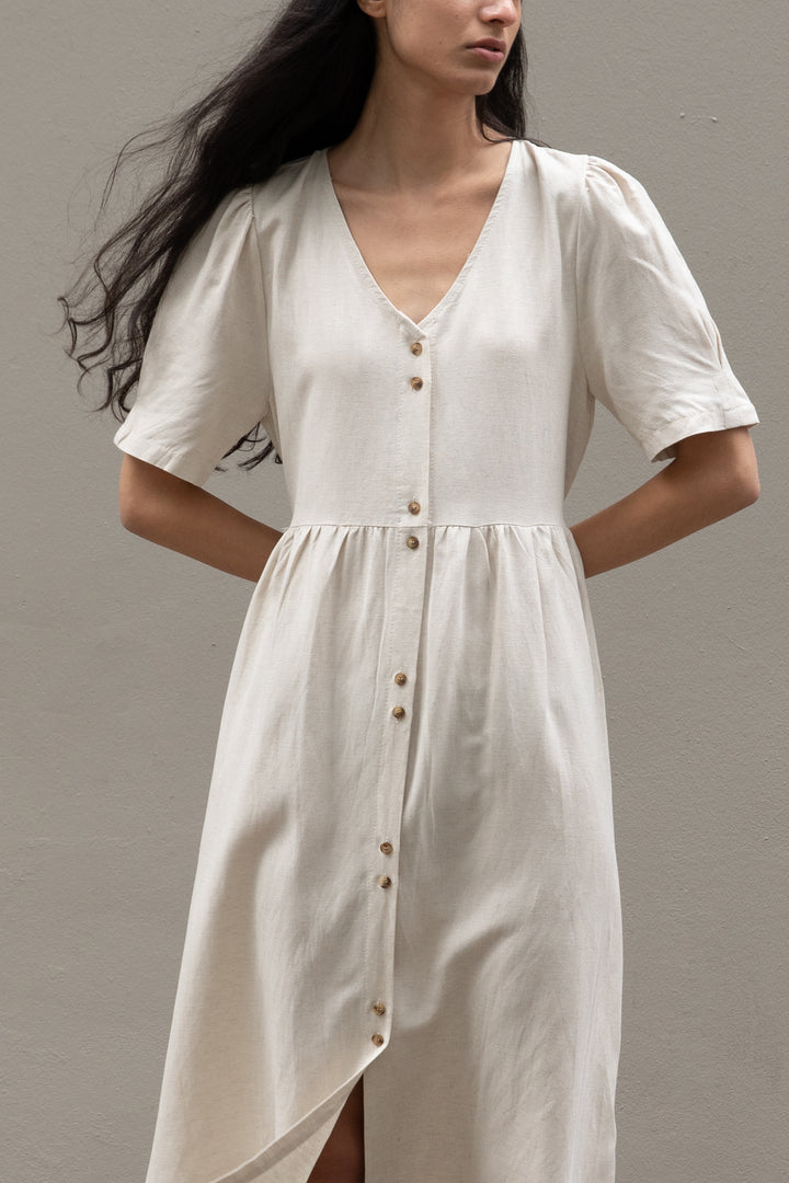 BUTTON FRONT MIDI DRESS in Beige — alternate angle