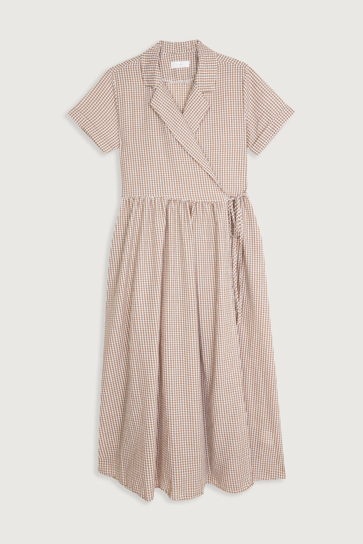 GINGHAM WRAP DRESS in Beige — alternate angle
