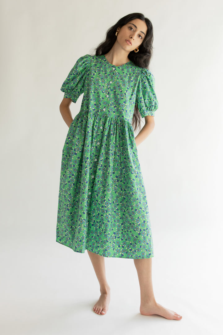 FLORAL PUFF SLEEVE MIDI DRESS in Green — alternate angle