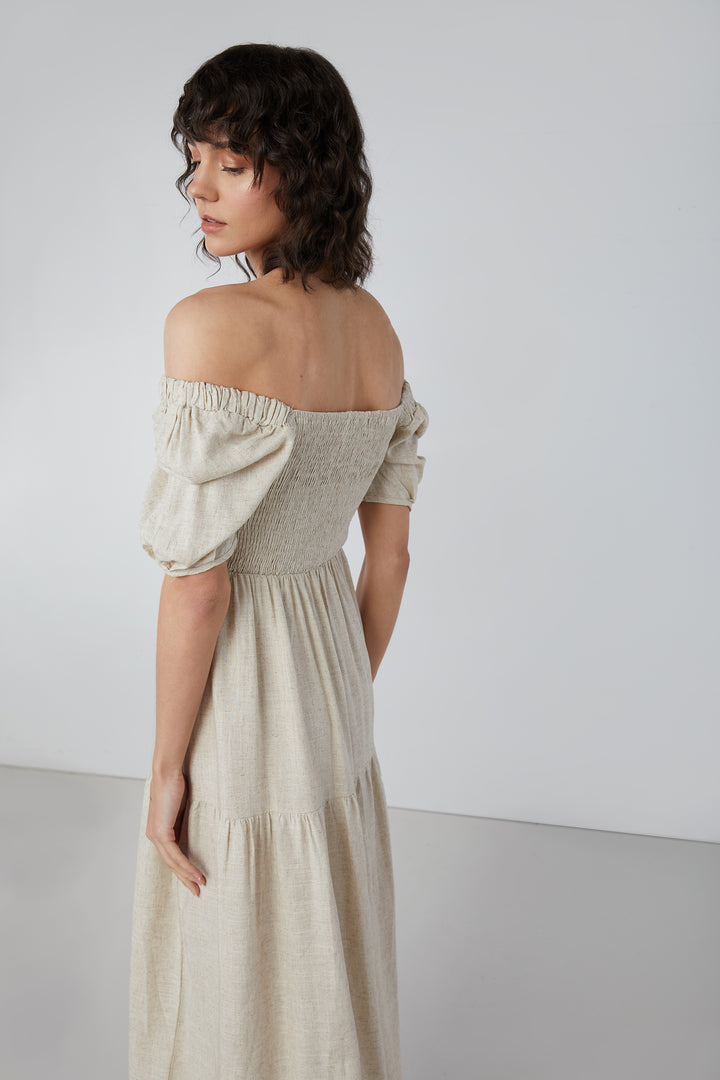 SMOCKED TIERED DRESS in Beige — alternate angle