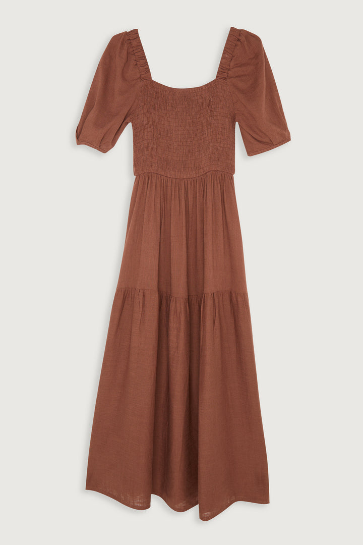 SMOCKED TIERED DRESS in Tabacco — alternate angle