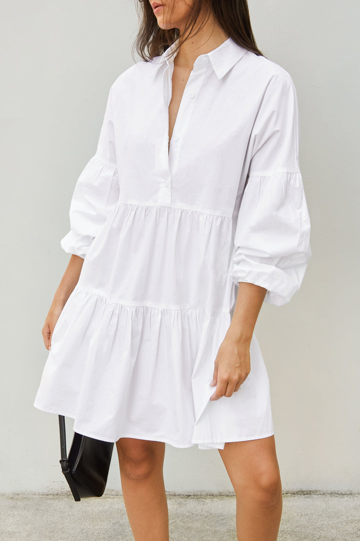 COLLARED BUTTON FRONT TIERED DRESS in White — alternate angle