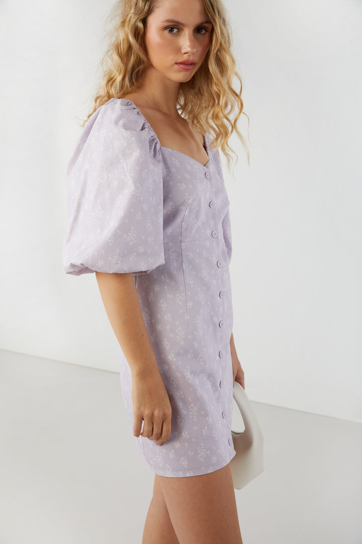 FLORAL PUFF SLEEVE MINI DRESS in Iris Cream — alternate angle