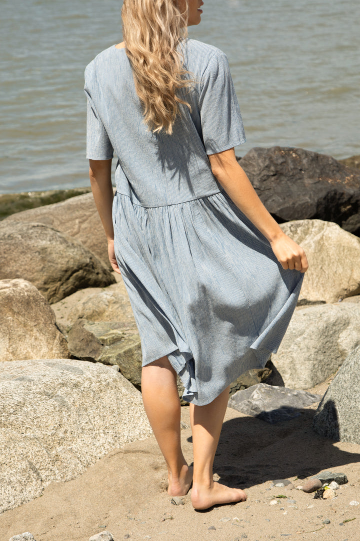 STRIPED SEERSUCKER FLOWY DRESS in Whale Blue Stripe — alternate angle