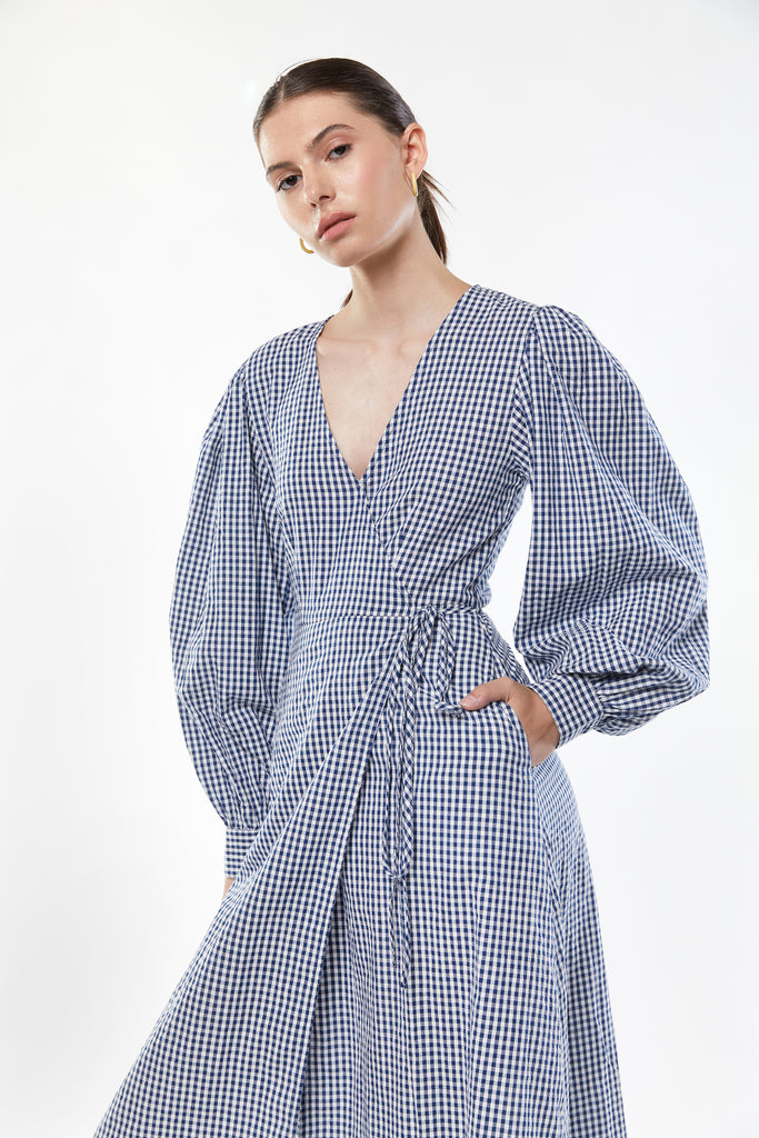 GINGHAM SEERSUCKER WRAP DRESS OAK FORT USA